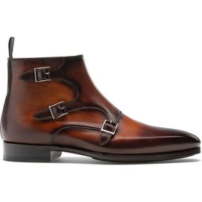 Handmade brown leather triple monk straps boots - Thumbnail 4