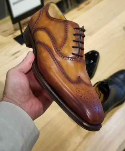 Handmade Men's Wing Tip Brogue Square Toe Lace Up Dress Shoes, Real Leather Shoe