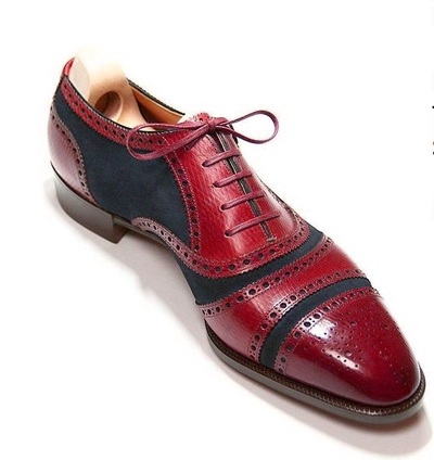 Two Tone Oxford Red Black Brogue Whole Cut Men's Handmade Leather Fashionable Dress Shoes