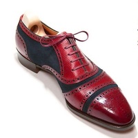 Two Tone Oxford Red Black Brogue Whole Cut Men's Handmade Leather Fashionable Dress Shoes - Thumbnail 4