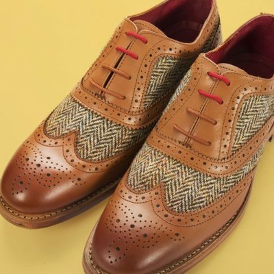 Made to order men's oxford wingtip brown brogue toe tan tweed genuine leather lace up shoes
