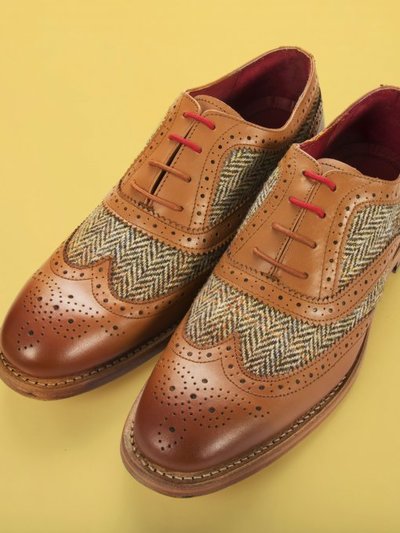 Made To Order Men's Oxford Wingtip Brown Brogue Toe Tan Tweed Genuine Leather Lace up Shoes