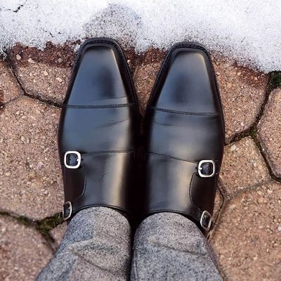 Handmade men's best double monk leather dress shoes custom made formal shoes