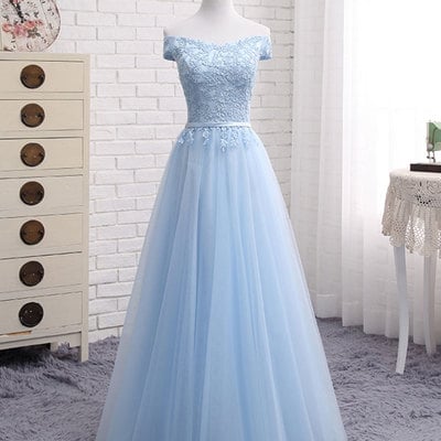 Blue tulle lace prom dress blue evening dress - Thumbnail 4