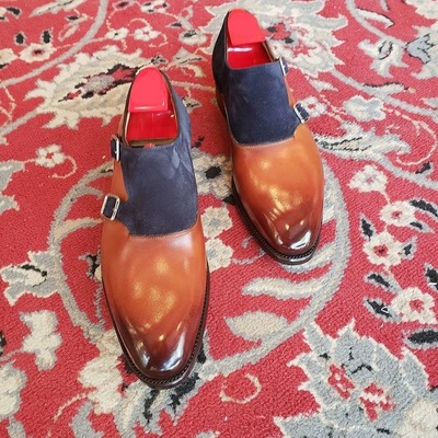Handmade men's cognac double monk strap leather dress formal custom made shoes