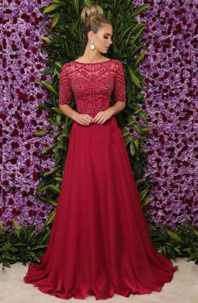 Scoop Dark Red Long Prom Dresses with Rhinestones