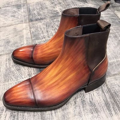 Handmade leather tan patina chelsea boots formal men shoes custom grade boots - Thumbnail 3