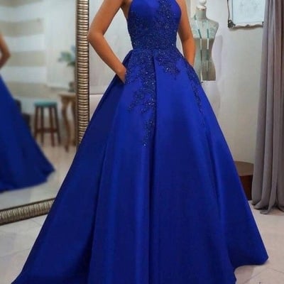 Halter royal blue prom dresses with appliques pockets - Thumbnail 5