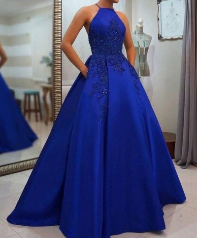 Halter Royal Blue Prom Dresses with Appliques Pockets