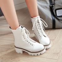 Lace up Platform Biker Boots in Black and White - Thumbnail 3