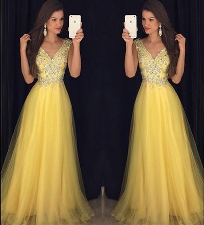 V Neck Yellow Prom Dresses with Rhinestones