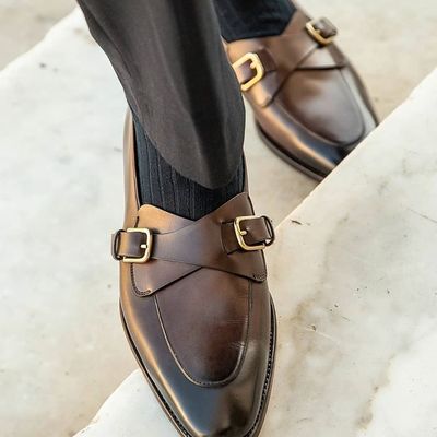 Handmade men's best brown double monk leather dress shoes, custom made shoes