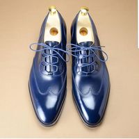 Handmade Men's Blue Best Wingtip Oxfords Leather Custom Made Dress Shoes - Thumbnail 4