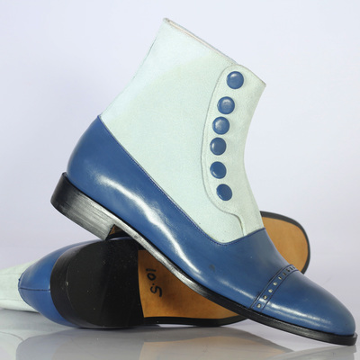 Men's white & blue leather suede button top ankle boot   - Thumbnail 2