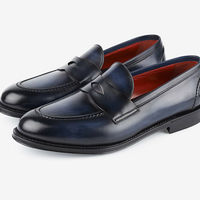  Man Handmade Blue Leather Flat Moccasins Custom Leather Slip On for Men - Thumbnail 4