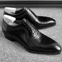  Handmade Men's Black Leather Formal Lace-up Shoes Custom Oxford - Thumbnail 1