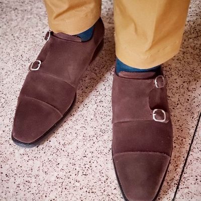Handmade men's double monk strap leather shoes dress formal suede leather