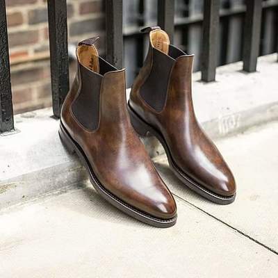 Best handmade men's brown chelsea leather boots dress formal dress boots for men - Thumbnail 3