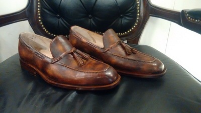  Handmade brown patina whole cut slippers for men bespoke shoes for