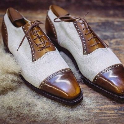  men's handmade two-tone leather suit with laces beige and brown shoes tip cap