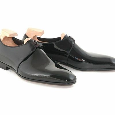  men's handmade black patent leather tuxedo wedding dress shoes for