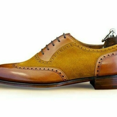  handmade men's brown suede dress shoes brogue wingtip leather shoes