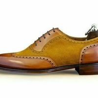  Handmade Men's Brown Suede Dress Shoes Brogue Wingtip Leather Shoes - Thumbnail 1