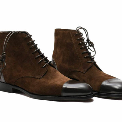 Men chocolate brown high ankle plain rounded cap toe suede leather boots - Thumbnail 3
