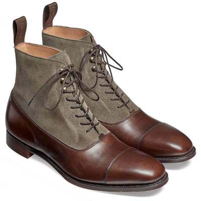 Men's Two Tone Gray Suede High Ankle Brown Cap Toe Genuine Leather Boots