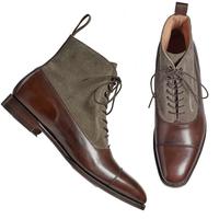 Men's Two Tone Gray Suede High Ankle Brown Cap Toe Genuine Leather Boots - Thumbnail 1