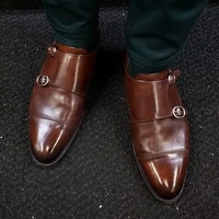 men's handmade brown double monk leather dress shoes - Thumbnail 3