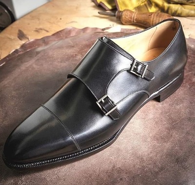 men's handmade black double monk leather dress shoes
