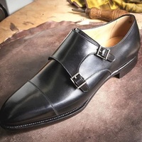 men's handmade black double monk leather dress shoes - Thumbnail 1