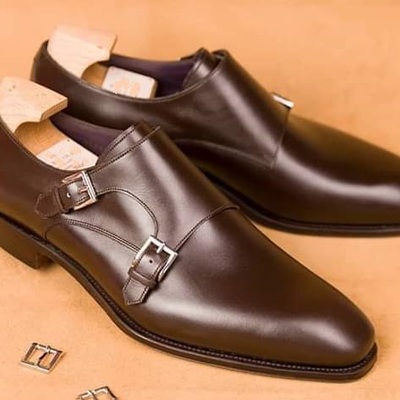 Handmade brown leather double monk strap shoes for men, men's dress brown shoes