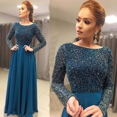 Elegant crew long mother of the bride dresses with beads - Thumbnail 5