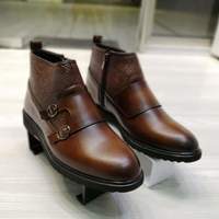 Handmade Brown leather double monk strap ankle high Custom boots for men - Thumbnail 4