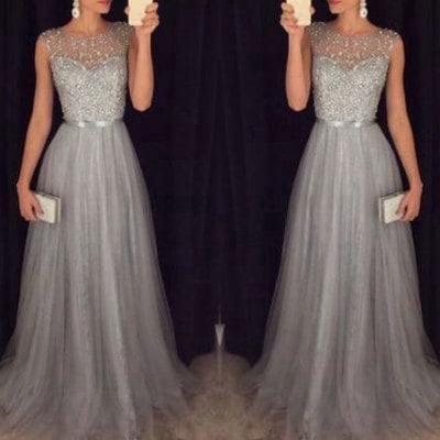 Grey tulle long prom dresses with beaded - Thumbnail 5