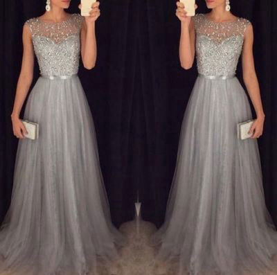 Grey Tulle Long Prom Dresses with Beaded
