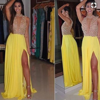 Yellow Long Prom Dresses with Slit Side