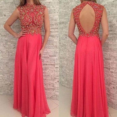 Coral backless long prom dresses with rhinestones - Thumbnail 5