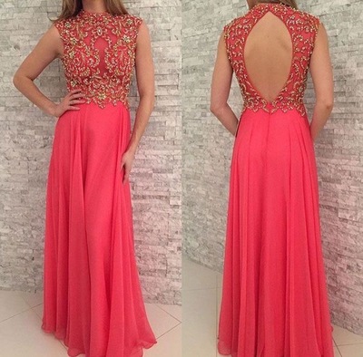Coral Backless Long Prom Dresses with Rhinestones