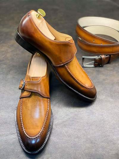 Best Handmade Men's Tan Leather Monk Shoes, Premium Mustard Formal Shoes For Men