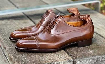 Handmade Cognac Leather Shoes for Men, Men's Medium Brown Formal Shoes