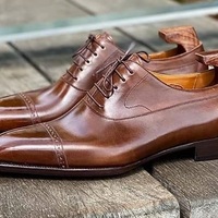 Handmade Cognac Leather Shoes for Men, Men's Medium Brown Formal Shoes - Thumbnail 4