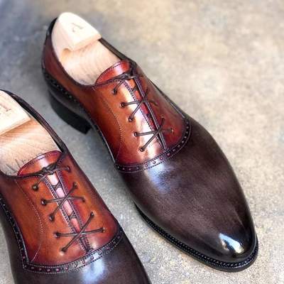 Best Handmade Men's Two Tone Brown Patina Leather Shoes Premium Quality
