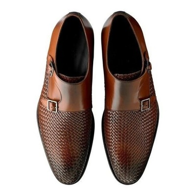  Men's Handmade Braided Leather Double Monk Dress Shoes Elegant Strap
