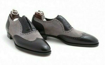  Handmade men's leather gray & black correspondent dress shoes custom made