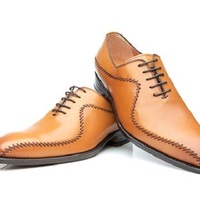  Handmade Cognac Leather Men's Lace Up Brogue Dress Wing Shoes - Thumbnail 4