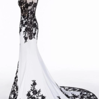 Elegant Long Sleeves Mermaid White Black Lace Appliques Satin Prom Dresses - Thumbnail 1