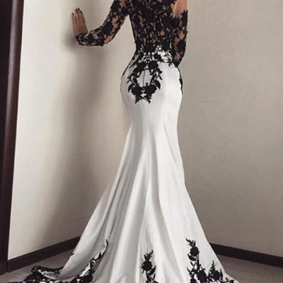 Elegant long sleeves mermaid white black lace appliques satin prom dresses - Thumbnail 5